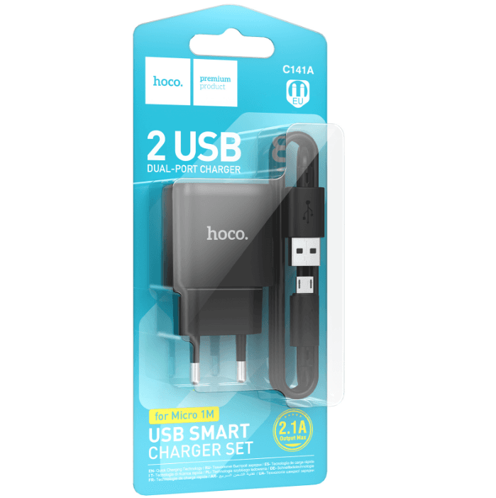 Зарядний пристрій Hoco C141A Smart 2.1A (2USB-A) + кабель USB to MicroUSB (Black)