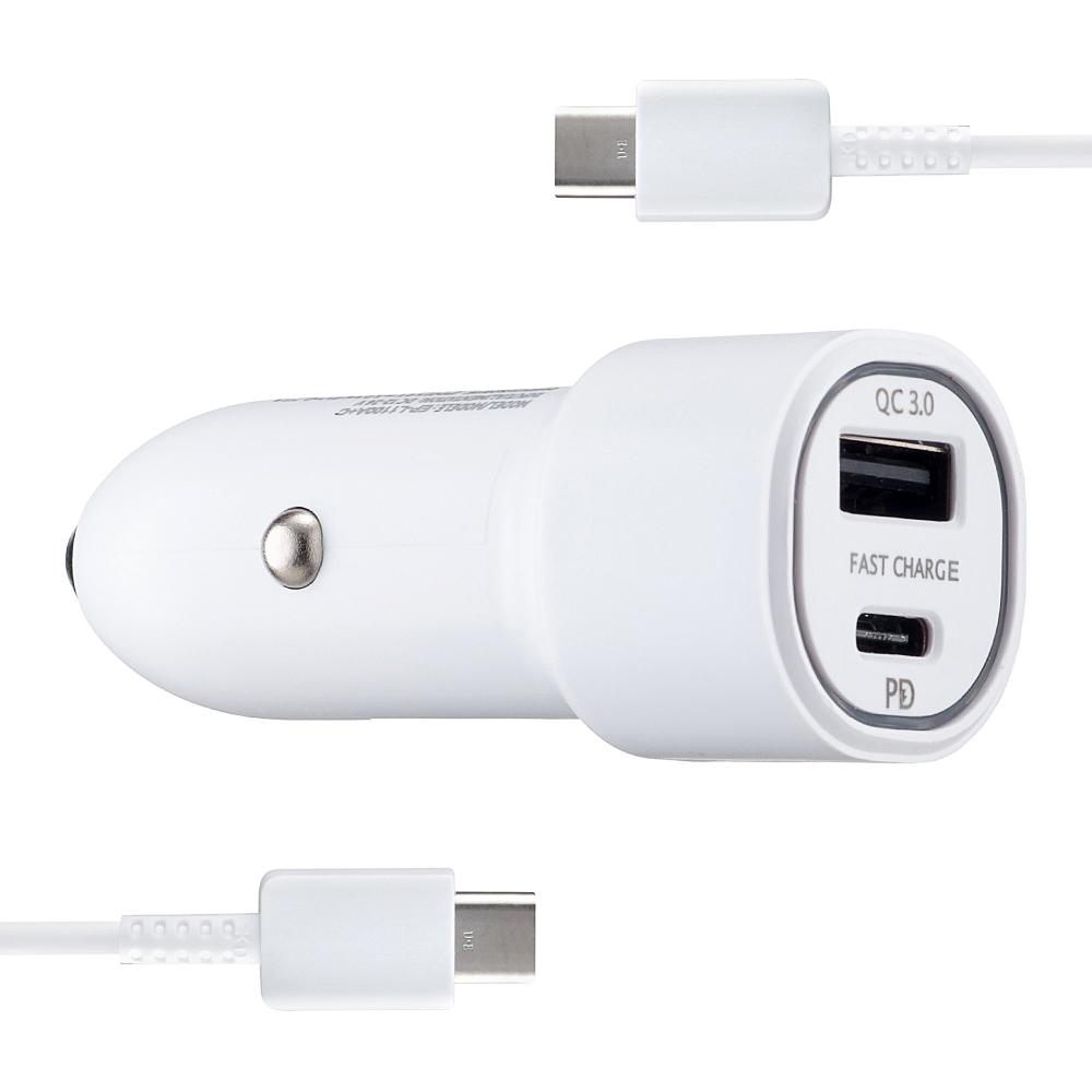 АЗП Samsung Dual Port Car Charger USB + Type-C Port 25W With Cabble Type-C to Type-C High Copy White