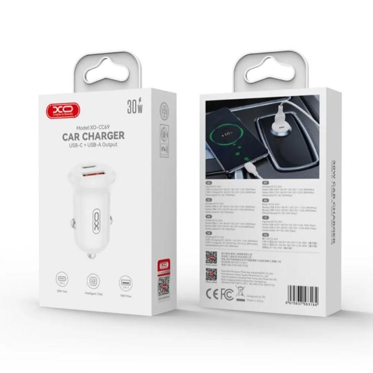 АЗП XO CC69 Mini Smart A+C 30W Car Charger Білий