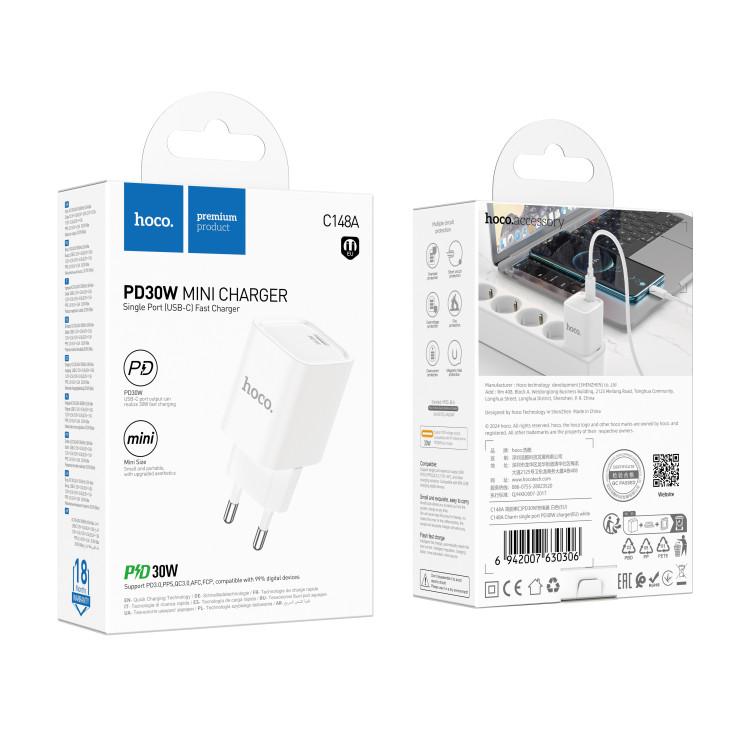 Мережевий Зарядний Пристрій Hoco C148A 1USB-C PD/QC 30W Колір Бiлий