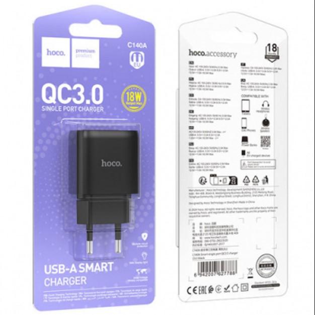 Зарядний пристрій HOCO C140A Smart single port QC3.0 18W  Black