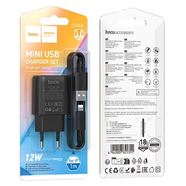 Зарядний пристрій HOCO C134A 1USB/12W Lightning Black