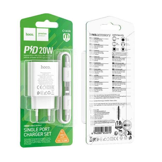 Зарядний пристрій Hoco C143A Benefit PD20W (1USB-C) + Type-C to Lightning (White)