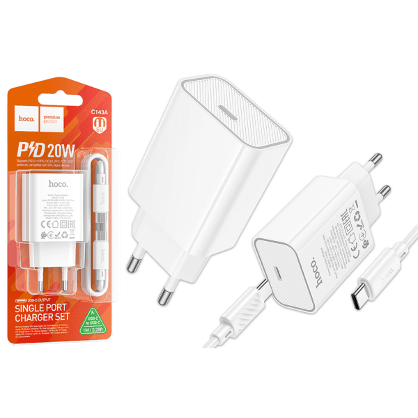 Зарядний пристрій HOCO C143A Type-C/Type-C PD20W /28 (White)