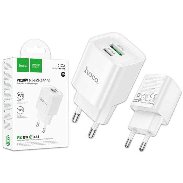 Мережевий Зарядний Пристрій Hoco C147A 1USB-C PD/QC 20W Колір Бiлий