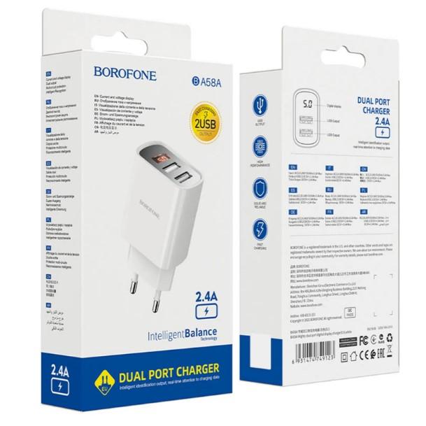 Зарядний пристрій Borofone BA58A with digital display 2.4A (2USB-A) білий