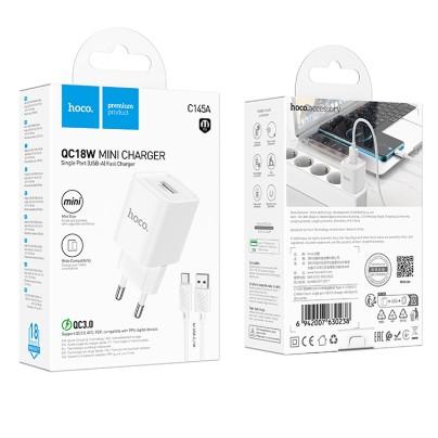 МЗП Hoco C145A 1USB QC 18W+USB to Type-C  (Бiлий)