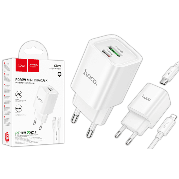 Зарядний пристрій Hoco C149A Charm PD30W+QC3.0 Type-C to Lightning (Білий)