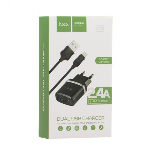 СЗУ HOCO C12+кабель Lightning USB черный