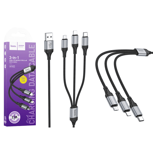 Зарядний кабель HOCO X102 Fresh 3в1 (iP+Micro+Type-C) (Black)