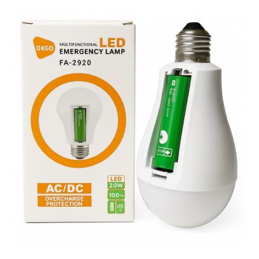 LED Лампа OKGO FA-2920 з акумулятором  (E27/20W/3W от АКБ/2*18650/up4 Hours/6800K/CC500mA)