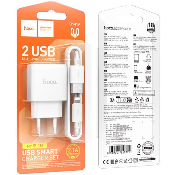 МЗП HOCO C141A Smart dual port 5V/2.1A + Lightning White