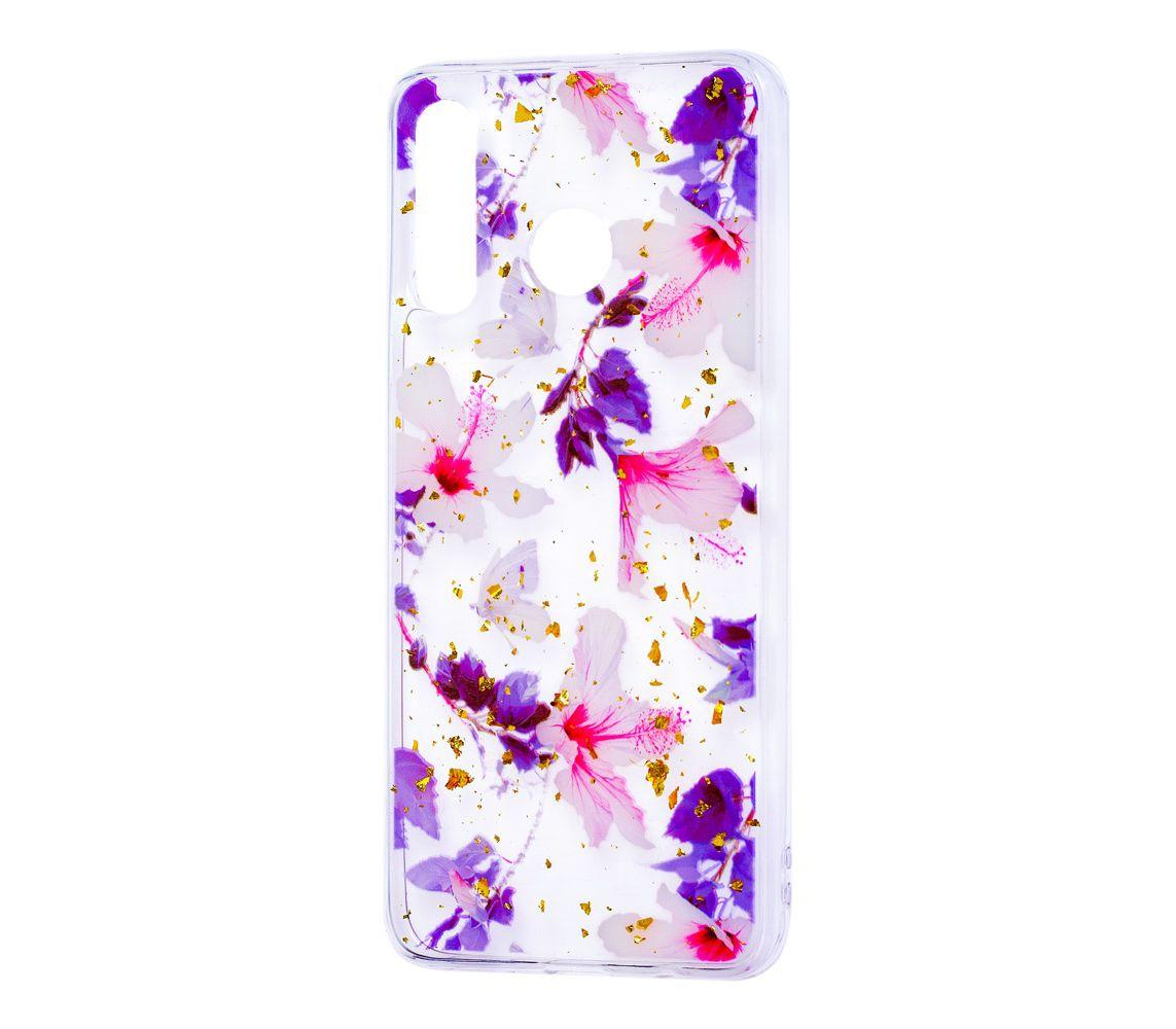 Накладка Beauty Flowers Confetti для Samsung M30 "Рожеві квіти з фіолетовим листям"