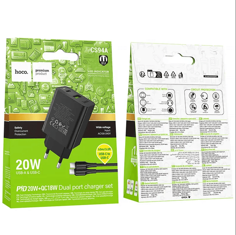 МЗП Hoco CS94A Leader PD20W+QC3.0  Type-C to Type-C (Black)-0