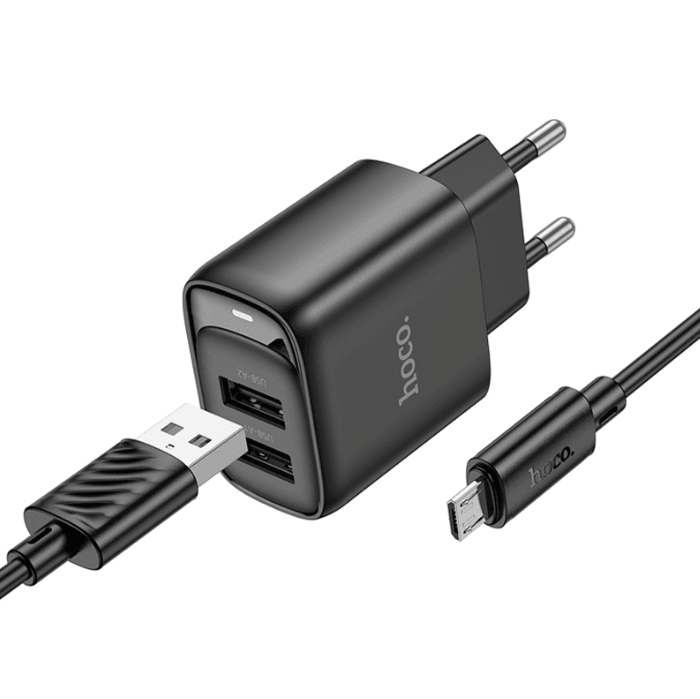 Зарядний пристрій Hoco C141A Smart 2.1A (2USB-A) + кабель USB to MicroUSB (Black)-1