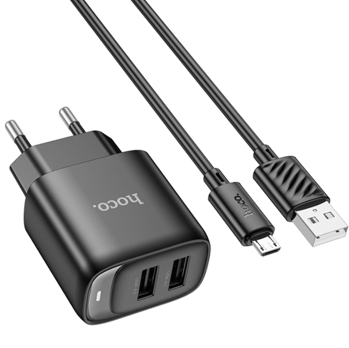 Зарядний пристрій Hoco C141A Smart 2.1A (2USB-A) + кабель USB to MicroUSB (Black)-2