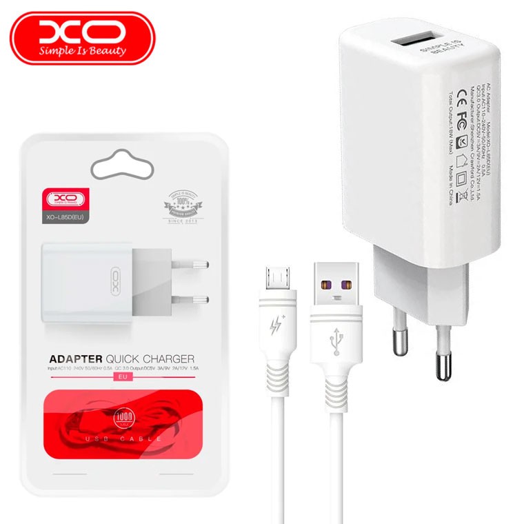 XO L85D single USB QC3.0 18W 3A (Micro) White-0