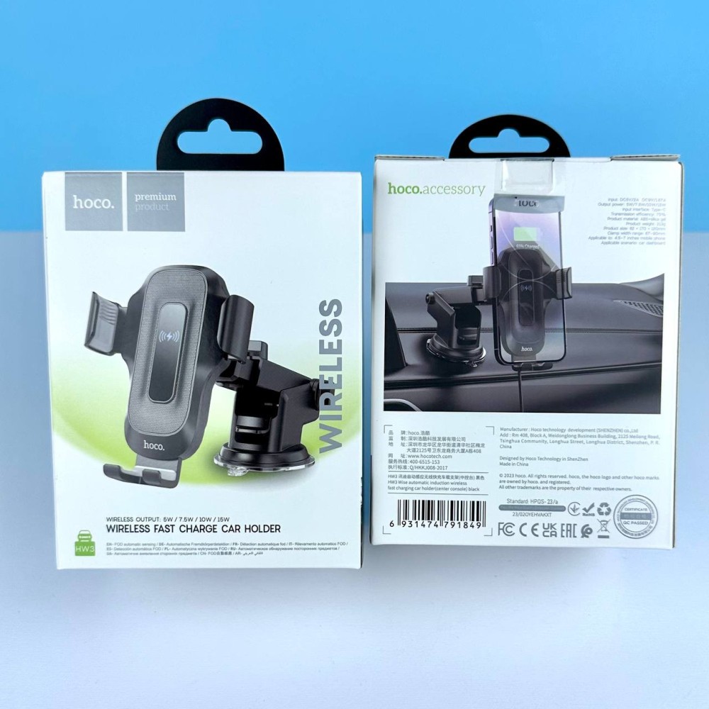 Holder Hoco HW3 Wise з автоматичною індукційною бездрот.швид. заряд. 5W,7.5W,10W,15W(center console) (Чорний)-0