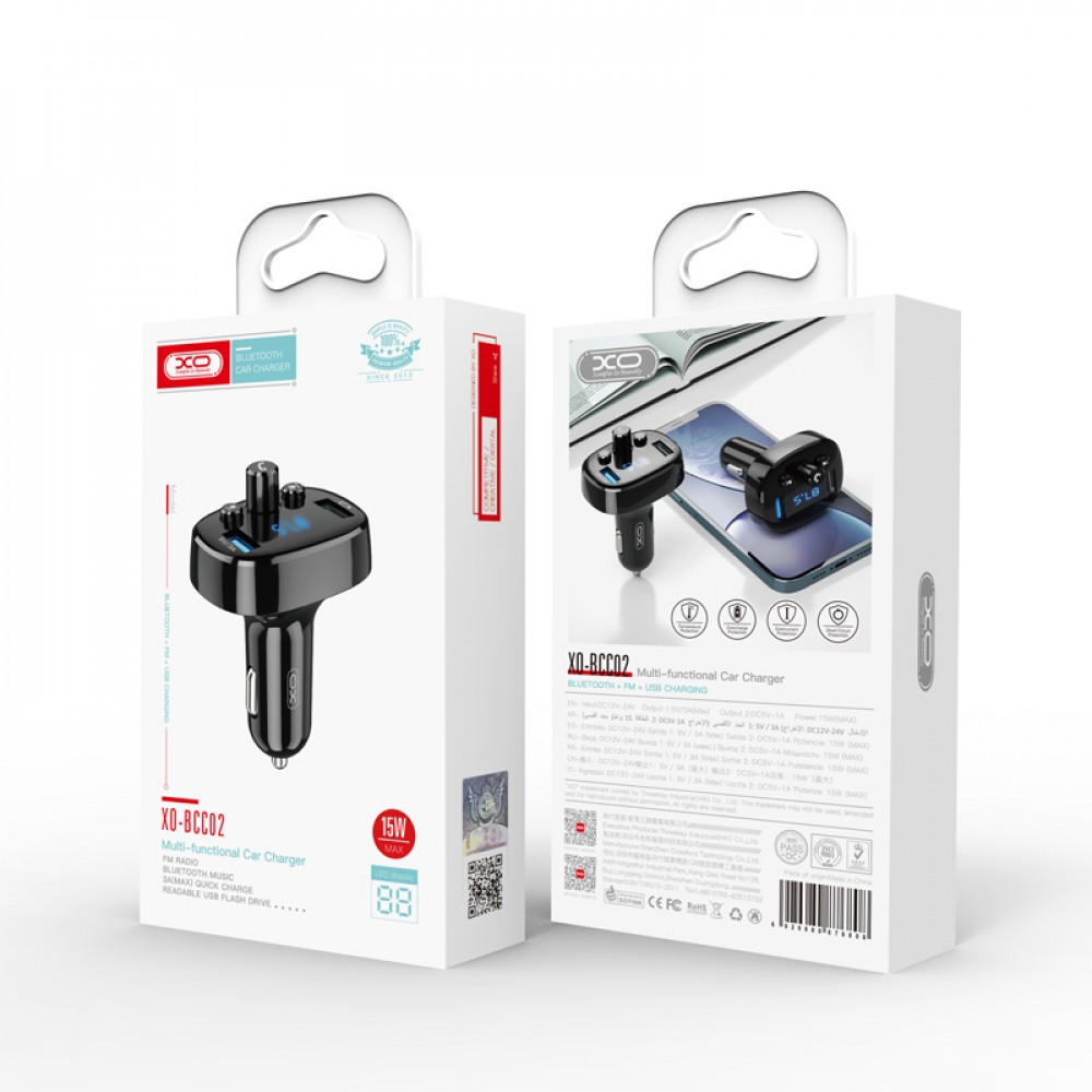 FM Модулятор/Авто адаптер XO BCC02 2USB 3.1A Bluetooth (Чорний)-0