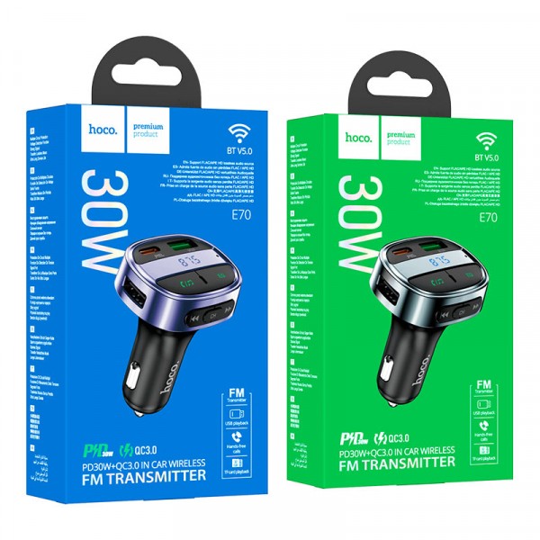 FM модулятор HOCO E70 car BT FM transmitter 1USB/1PD/QC/PD30W/BT5.0 Black-0