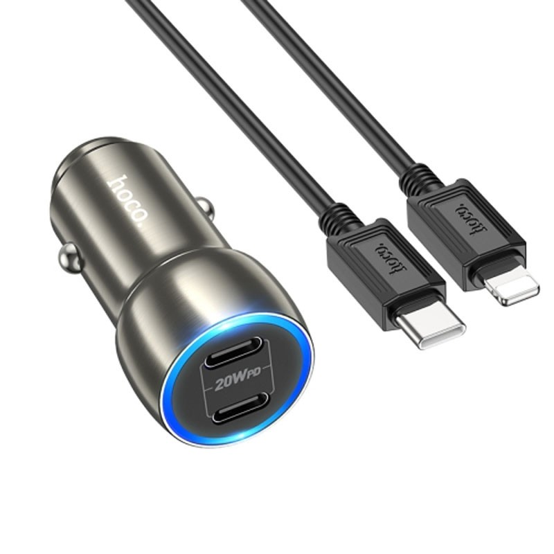 Автомобільний зарядний пристрій HOCO Z48 Tough 40W dual port (Type-C to Lightning)  (Metal gray)-1