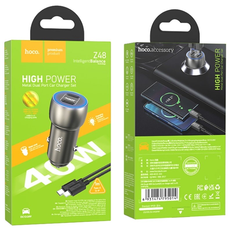 Автомобільний зарядний пристрій HOCO Z48 Tough 40W dual port (Type-C to Lightning)  (Metal gray)-0