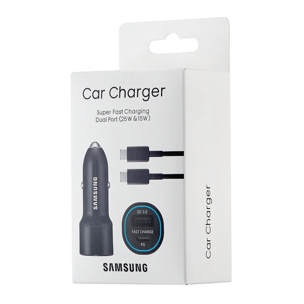 АЗП Samsung Dual Port Car Charger USB + Type-C Port 25W With Cabble Type-C to Type-C High Copy White-1
