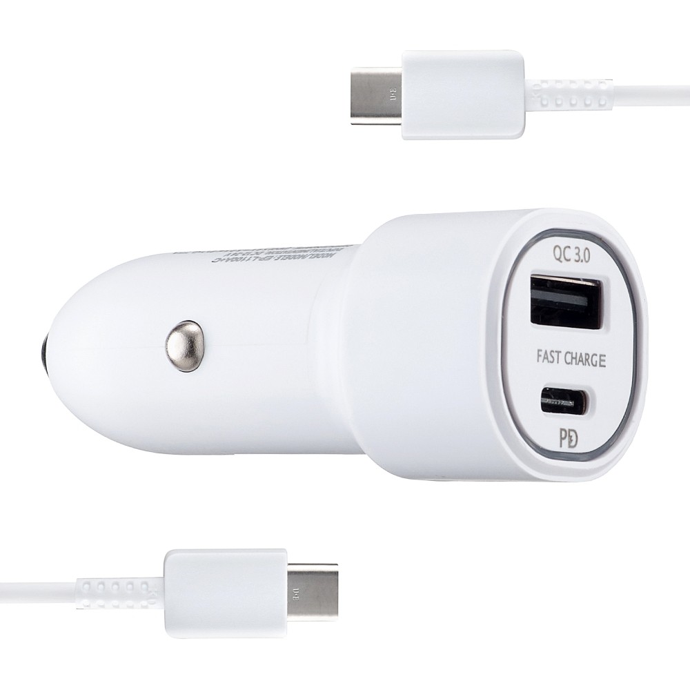 АЗП Samsung Dual Port Car Charger USB + Type-C Port 25W With Cabble Type-C to Type-C High Copy White-0