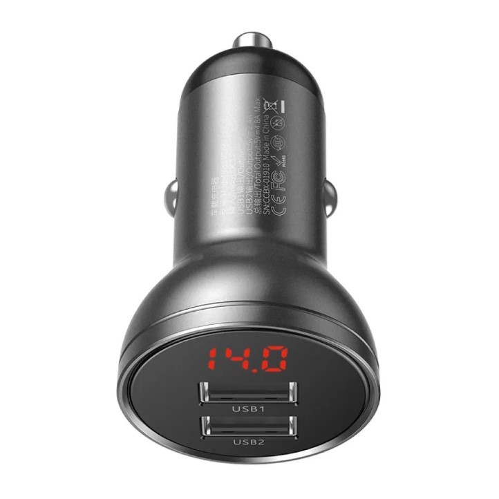 Автомобільний ЗП Baseus Digital Display Dual USB 2USB/4.8A Car Charger 24W Grey-1