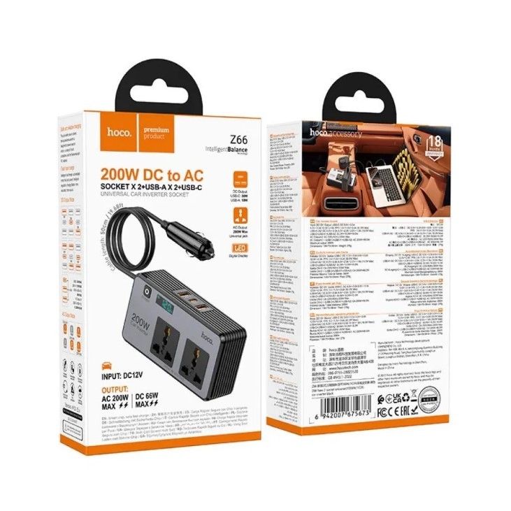 Автомобільний інвертор HOCO Z66 New 2-socket universal (PD66W/1C2A) чорний-0