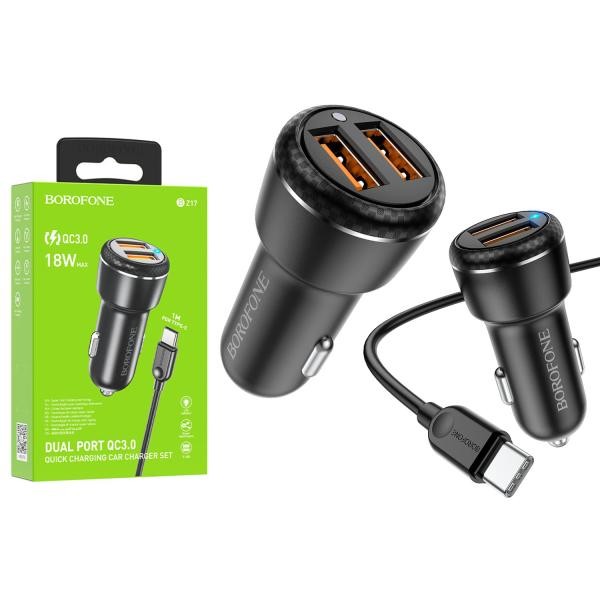 АЗП BOROFONE BZ17 (Type-C) QC3.0 18W (2USB/3.0A) /42 (Black)-0