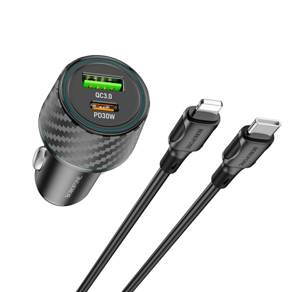 Автомобільний ЗП Borofone BZ21 Brilliant Type-C to Lightning 48W dual port PD30W+QC3.0 (Чорний)-1