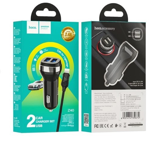 Автомобільний зарядний пристрій HOCO Z40 Superior 2USB/2,4A + Lightning Cable Чорний-0