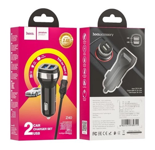 Автомобільний зарядний пристрій HOCO Z40 Superior 2USB/2,4A + Type-C Cable Чорний-0