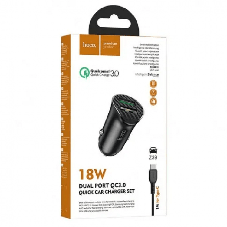 АЗП HOCO Z39 Farsighted 2USB/QC3.0/18W + TypeC-cable-Set Black-0