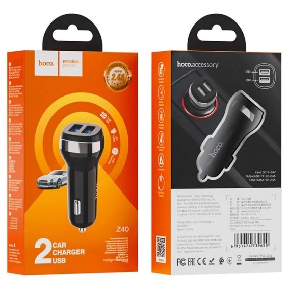 Автомобільний зарядний пристрій HOCO Z40 Superior 2USB/2,4A  Чорний-0
