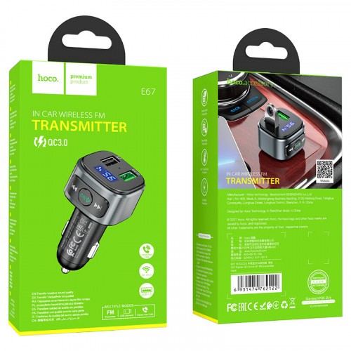 АЗП/ФМ Модулятор HOCO E67 Fighter car BT-FM transmitter 2USB/QC3.0/BT5.0 Black-0