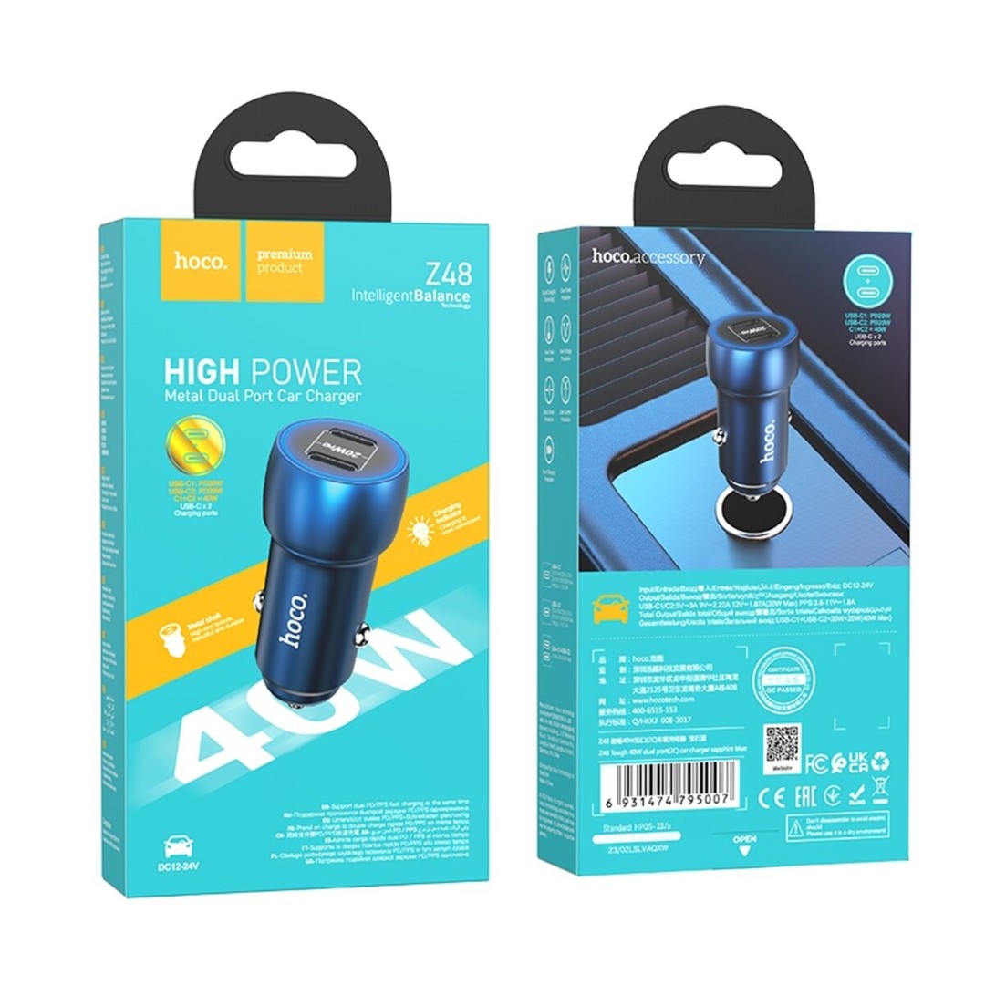 Автомобільний зарядний пристрій HOCO Z48 Tough 40W dual port (Type-C to Type-C) Sapphire Blue-0