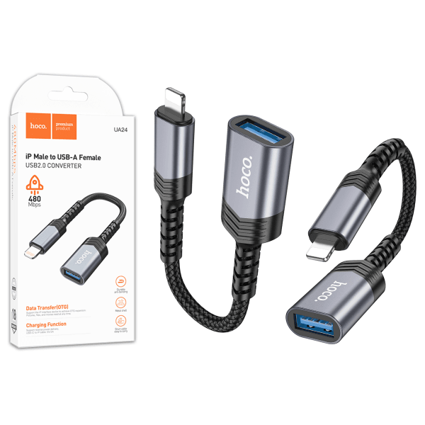 Перехідник адаптер HOCO UA24 Lightning to USB female 2.0 converter-0