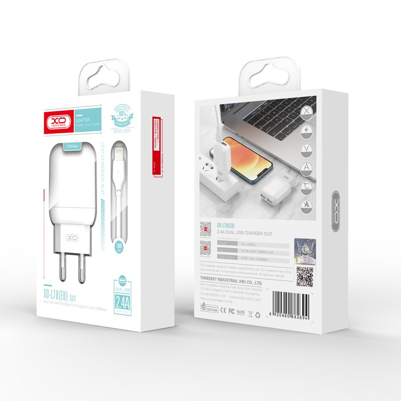 Зарядний пристрій XO L78 2USB 2.4A Micro white-0