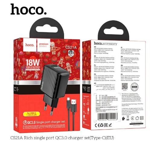 Hoco CS21A Rich QC3.0 charger set (Type-C)(Чорний)-0