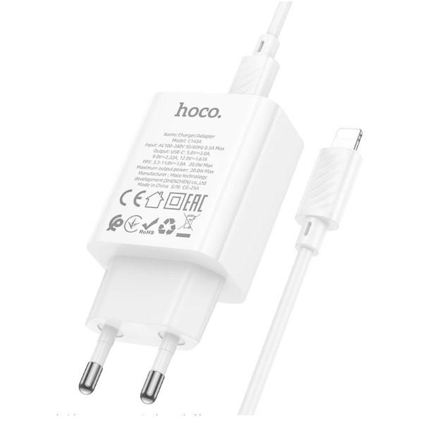 Зарядний пристрій Hoco C143A Benefit PD20W (1USB-C) + Type-C to Lightning (White)-1