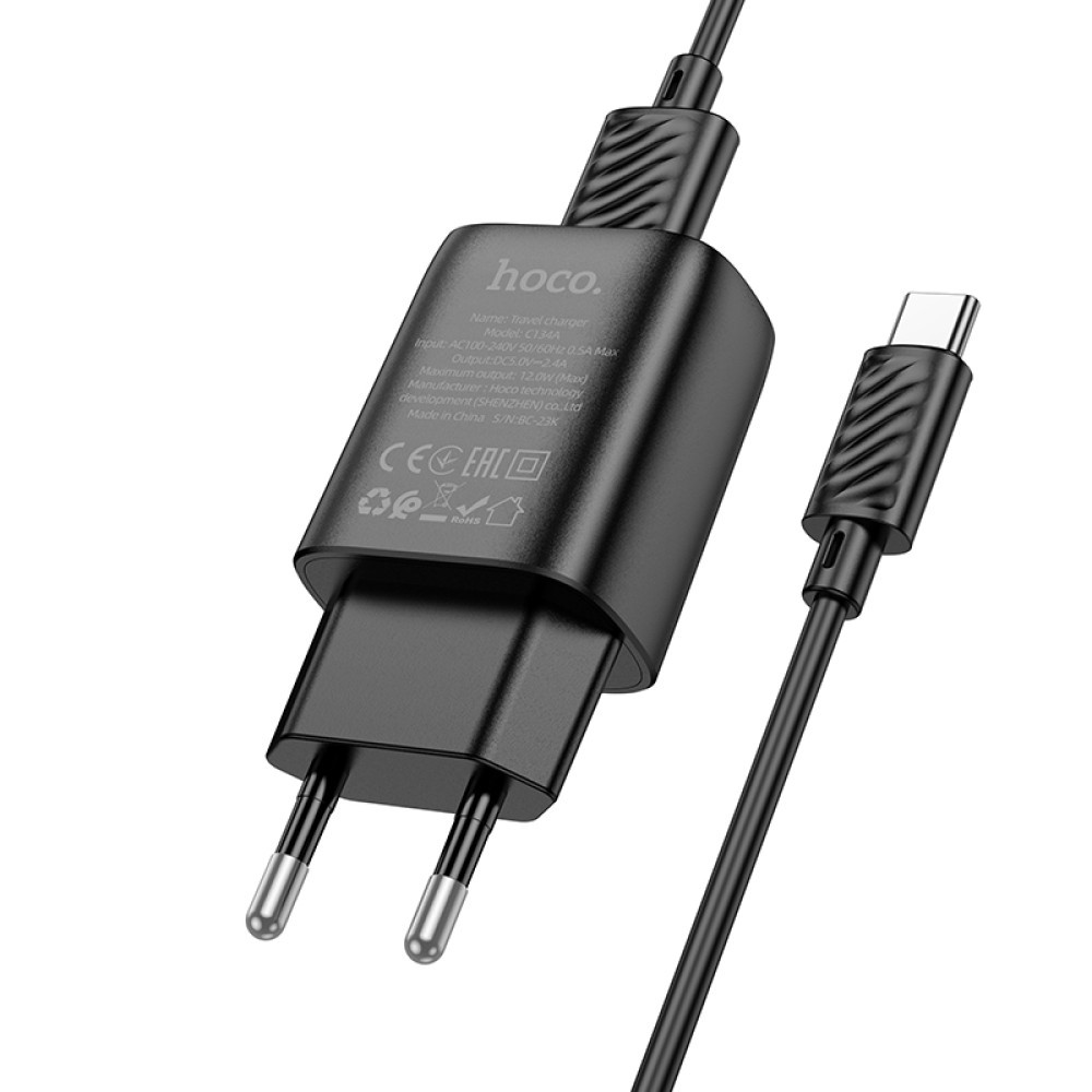 Зарядний пристрій HOCO C134A 1USB 5V/2.4A Type-C  Black-2