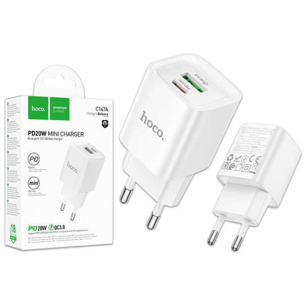 Мережевий Зарядний Пристрій Hoco C147A 1USB-C PD/QC 20W Колір Бiлий-0