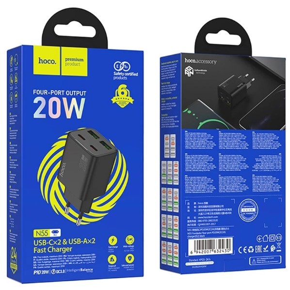 Зарядний пристрій Hoco N55 Fundador PD20W four-port (2USB-A/2C) чорний-0