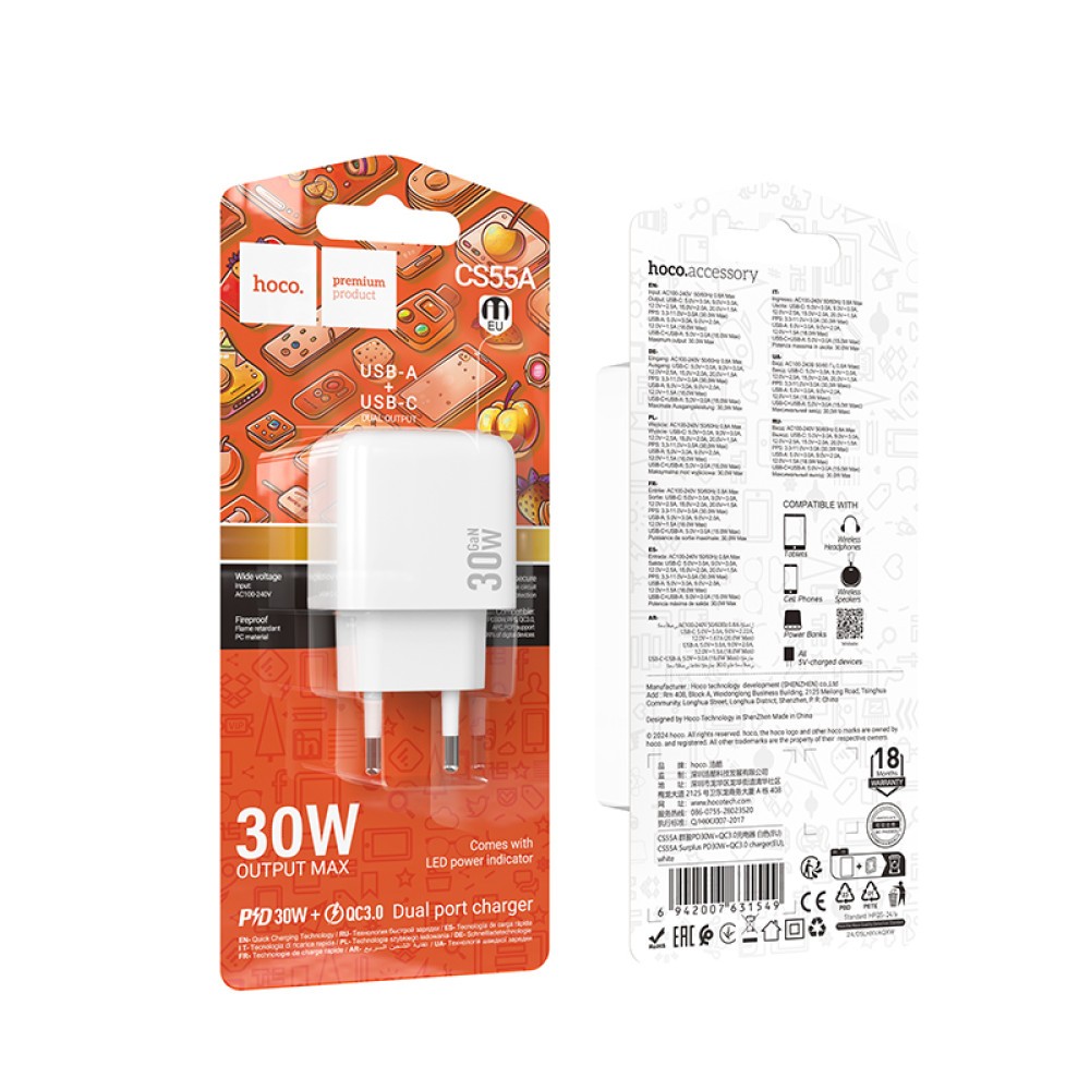 Мережевий адаптер Hoco CS55A Surplus (1C1A) PD30W+QC3.0 (Білий)-0