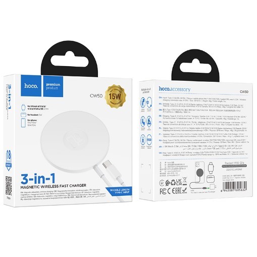 Бездротовий Зарядний Пристрій Hoco CW50 Fast 3-in-1 magnetic 15W (for iWatch) (Бiлий)-0