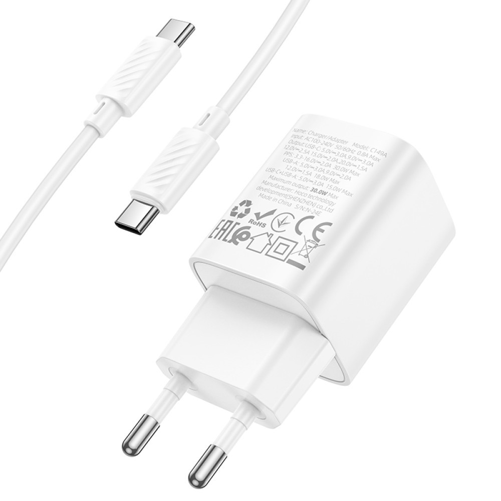 Зарядний пристрій Hoco C149A Charm PD30W+QC3.0 Type-C to Type-C (Білий)-2