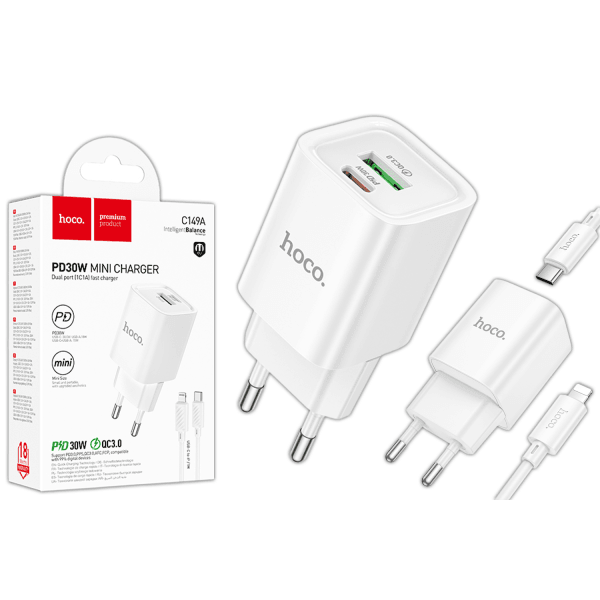 Зарядний пристрій Hoco C149A Charm PD30W+QC3.0 Type-C to Lightning (Білий)-0