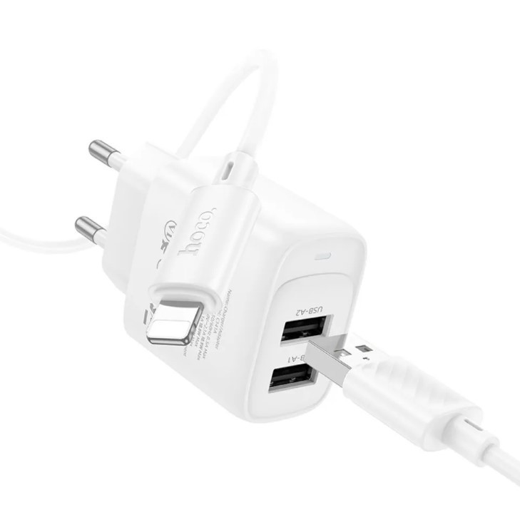 МЗП HOCO C141A Smart dual port 5V/2.1A + Lightning White-1